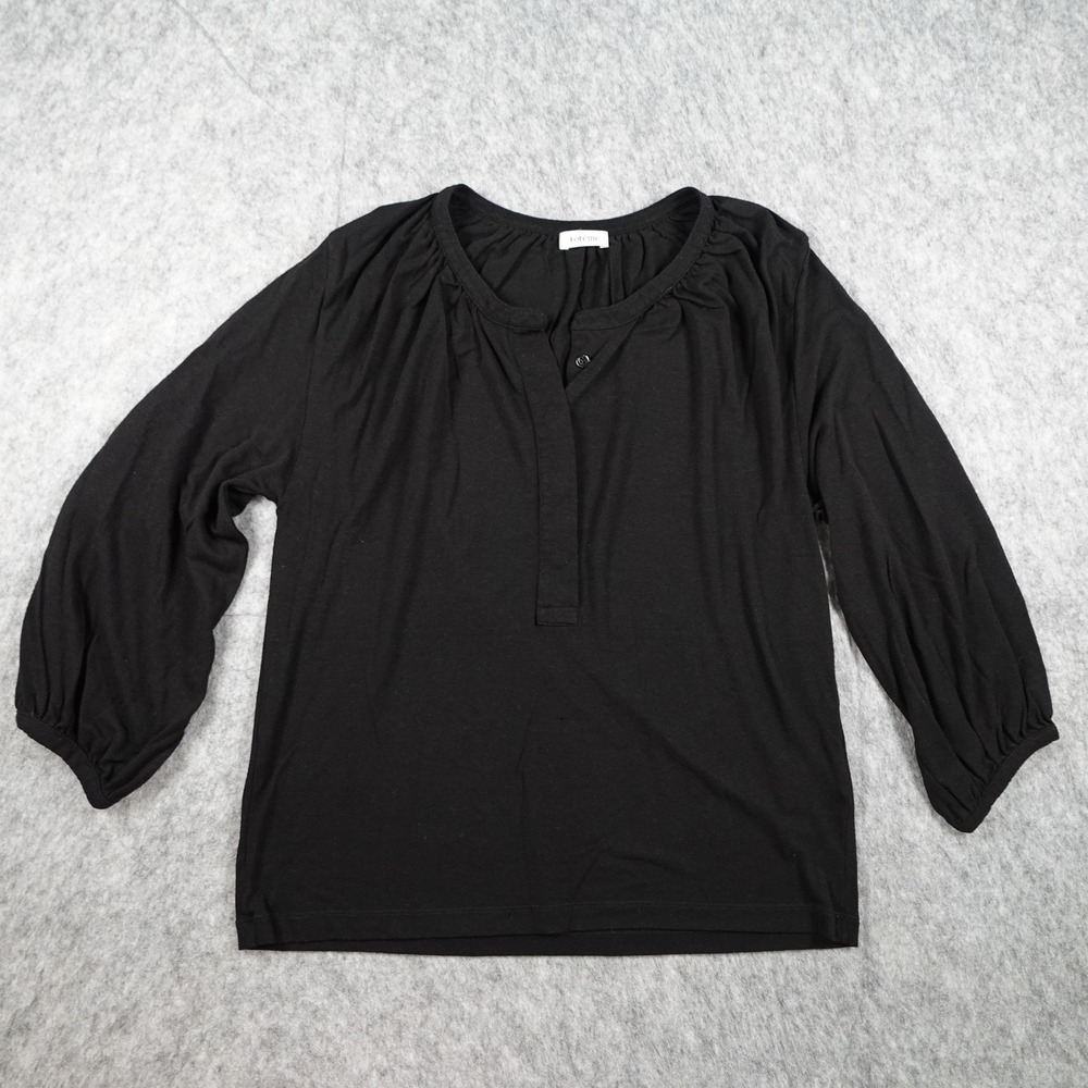 Toteme Top Women Small Black Laroche‎ Linen Blend Henley 3/4 Sleeve Blouse